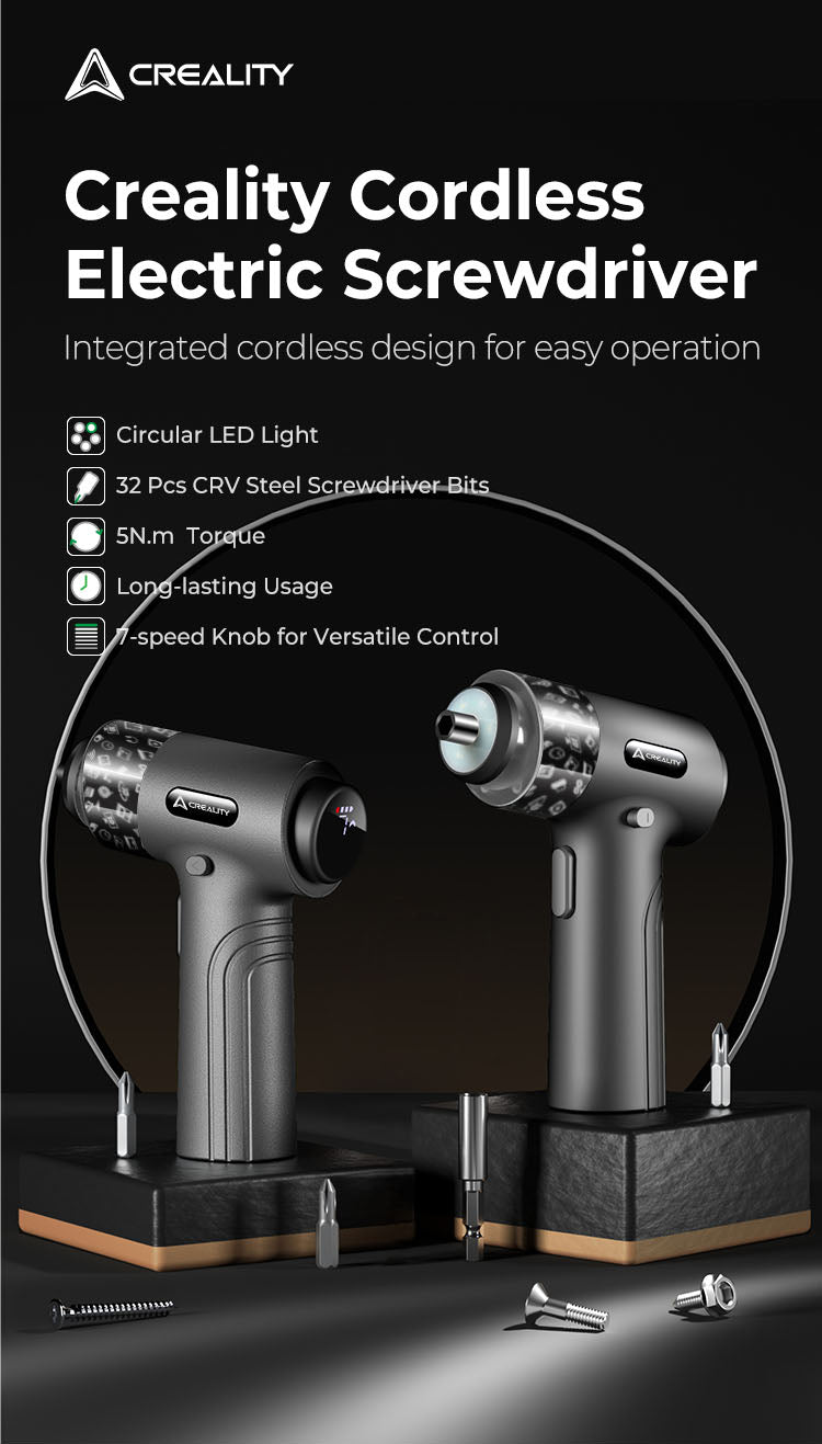Creality Electric Screwdriver, 3.7V Cordless Stick Screwdriver with 32 Pcs CRV Steel Screwdriver Bits, 2500mAh Battery, 5N.m Torque, 7-Speed Knob for All Creality 3D Printer and Laser Engraver